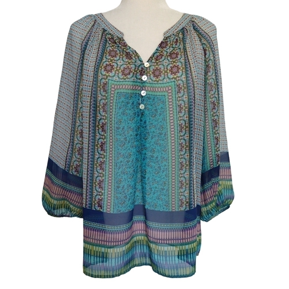 Fig & Flower Blue Geo Sheer 3/4 Balloon Sleeve Blouse Boho Colorful Maximalist